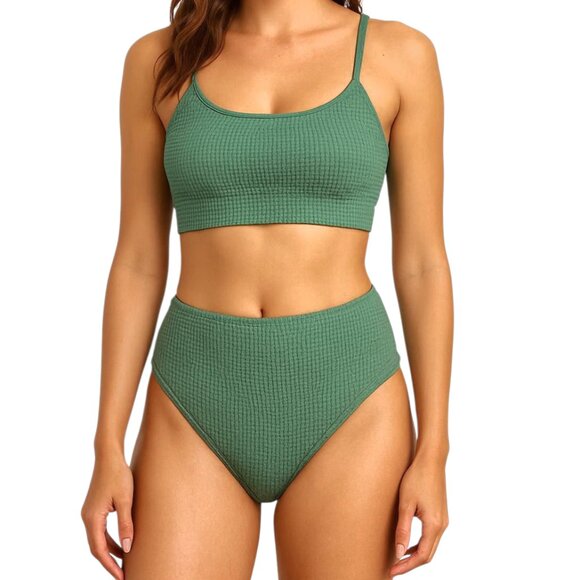 Women's Green Textured Smocked Mid Rise Scoop Neck Bikini Set Size XS NWOT - Picture 1 of 12
